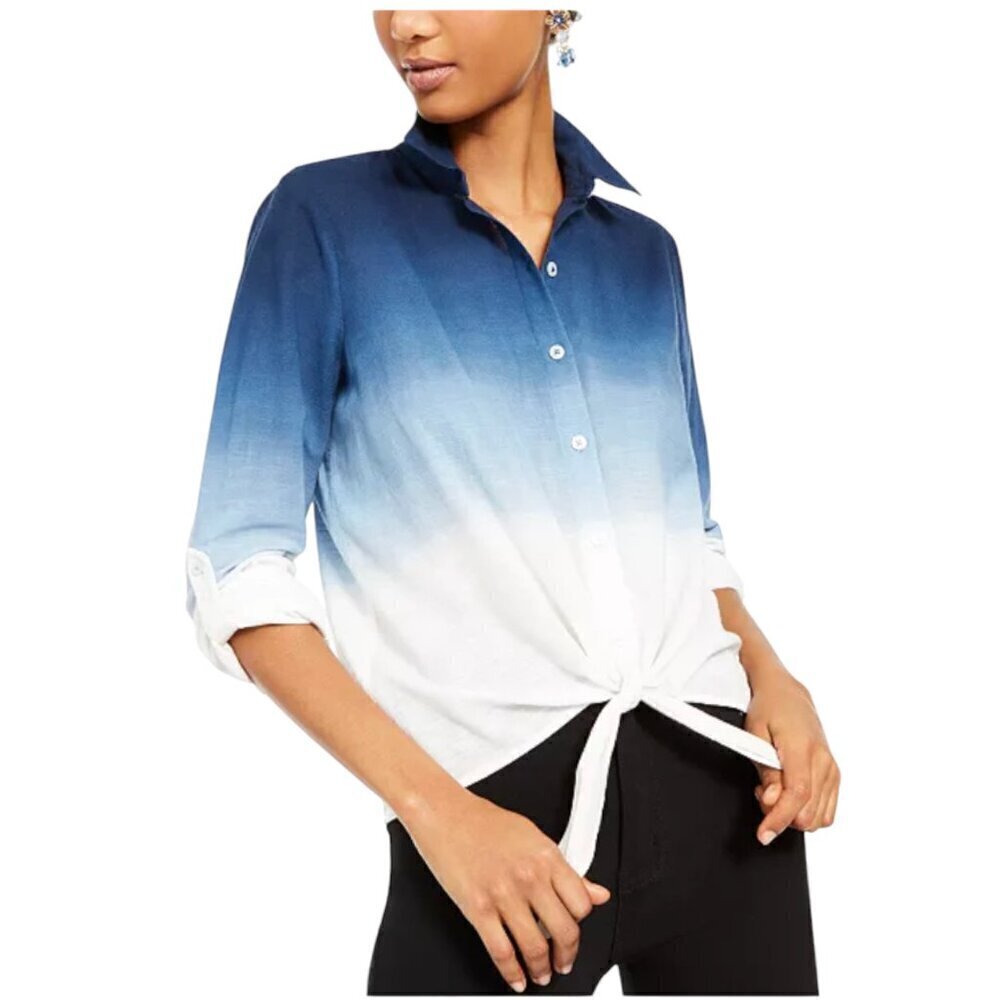 INC International Concepts Blue Cotton Long Sleeve Summer Blouse, M